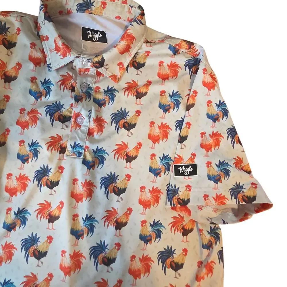 Waggle Rooster Print Golf Polo Shirt Sz L Performance Stretch Vacation - Picture 4 of 8